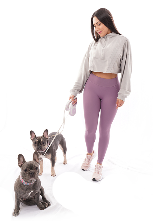 Model wearing Purple Heart Model Leggings by POM Sportswear with Dogs - Women's Activewear